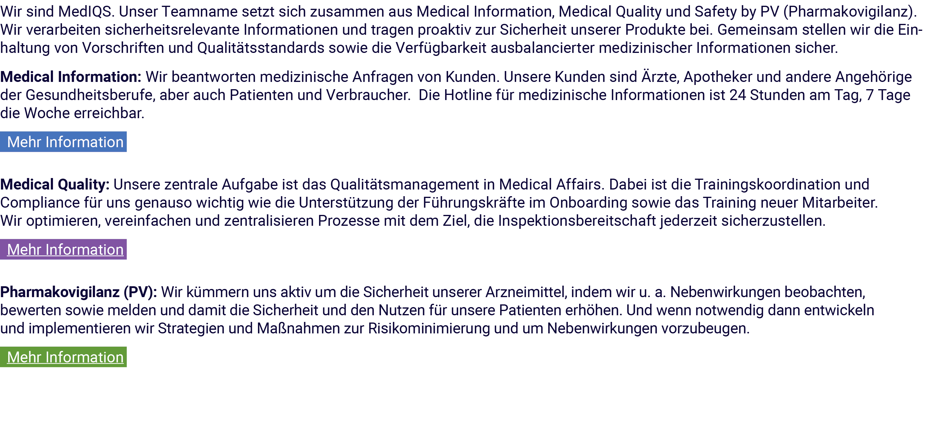 Wir sind MedIQS. Unser Teamname setzt sich zusammen aus Medical Information, Medical Quality und Safety by PV (Pharma...